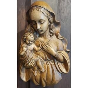Vintage Mother Virgin Mary Jesus German Carved Wood Wall Decor ILEK Repro